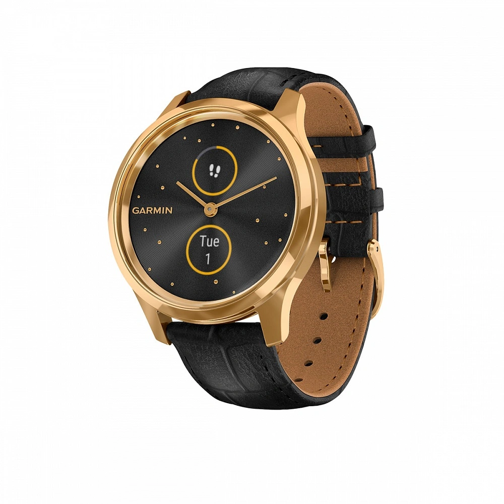 Часы Garmin Vivomove Luxe золотистые черные с кожаным ремешком
